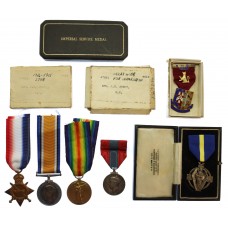 WW1 1914-15 Star Trio and Imperial Service Medal Group of Four with Two Masonic Jewels - Spr. J.S. Arnot, Royal Engineers