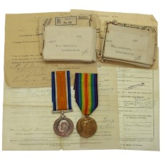 WW1 British War & Victory Medal Pair with Original Boxes of Issue & Documents - Pte. E. Calvert, King's Own Scottish Borderers - Wounded