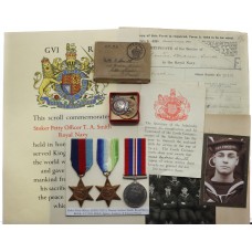 WW2 Casualty Medal Group of Three with Original Documents – Stoker Petty Officer T.A. Smith, Royal Navy, HMS Sphinx – K.I.A. 4/2/40