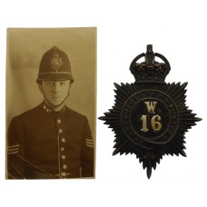 Metropolitan Police 'W' Division (Clapham) Helmet Plate - King's Crown with Photo